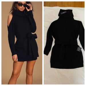 NWT LuLu’s Sweet Demeanor Black Turtleneck Cold-Shoulder Sweater Dress